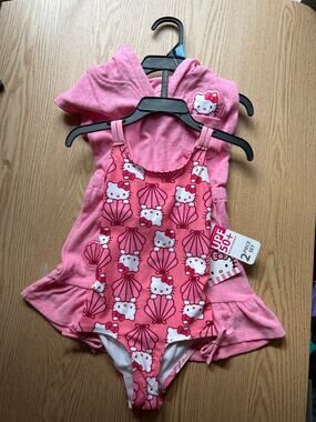 New Girls Hello Kitty 2pc Swimsuit & Terry Cloth Cover Up Dress UPF 50+ size 2T